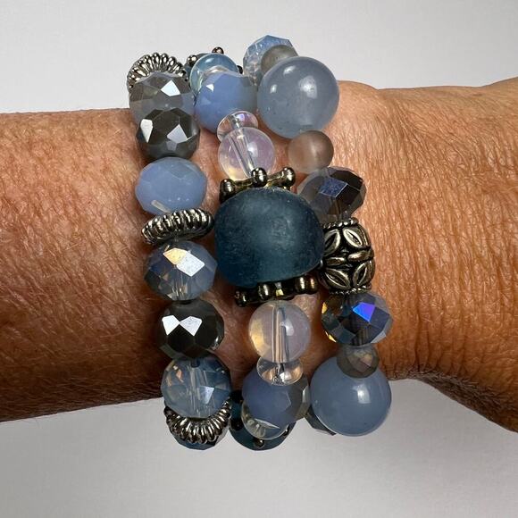 Handmade Beaded Bracelet Trio Ocean Blues Sea Glass Metals Multi Size Beads - Picture 3 of 6